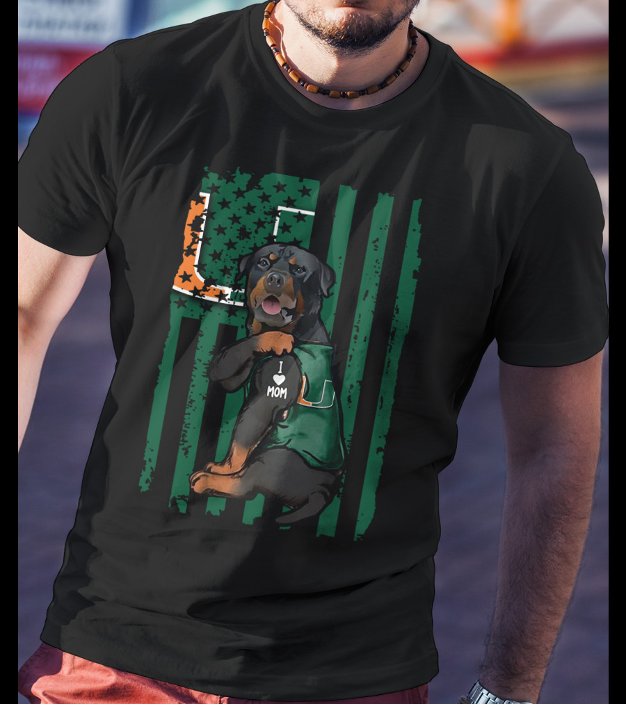 Rottweiler Miami Hurricanes I Love Mom Dog Wearing T-Shirt