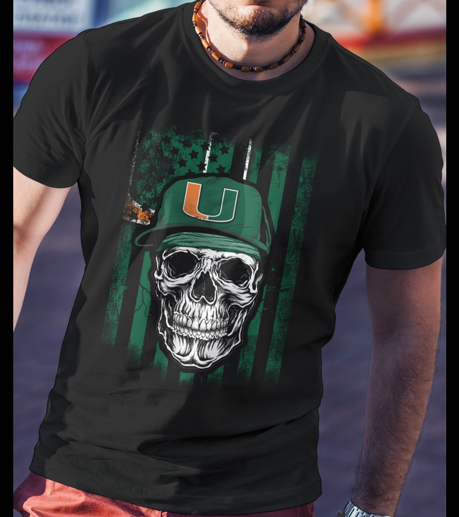 Skull Miami Hurricanes U Logo Cap With Green Stripes T-Shirt