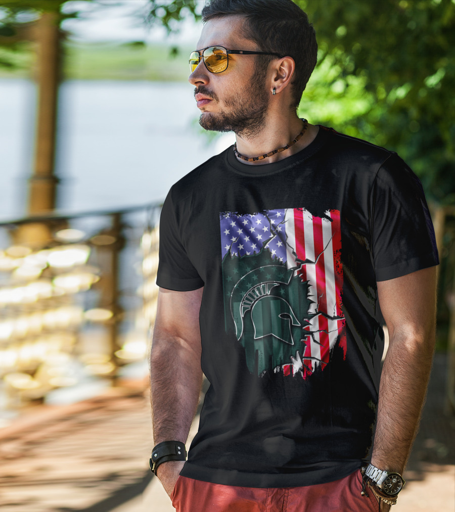 American Flag Rip Michigan State Spartans Helmet T-Shirt