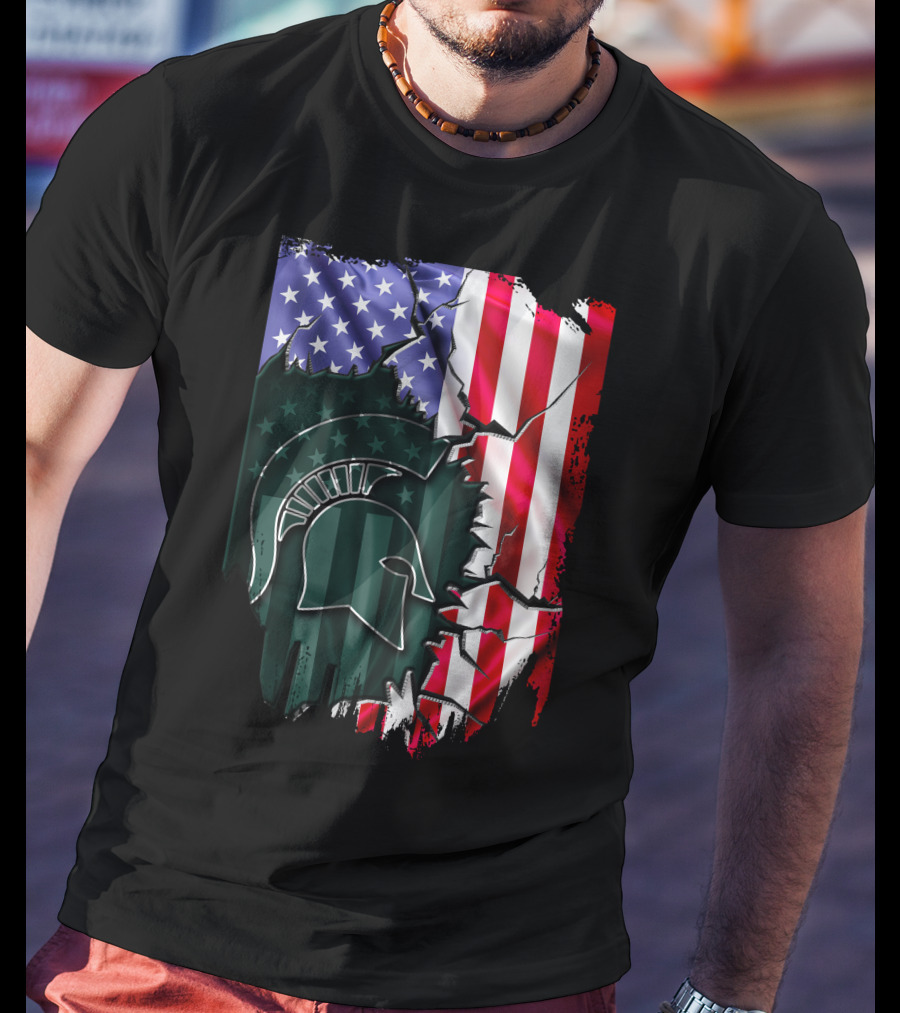 American Flag Rip Michigan State Spartans Helmet T-Shirt