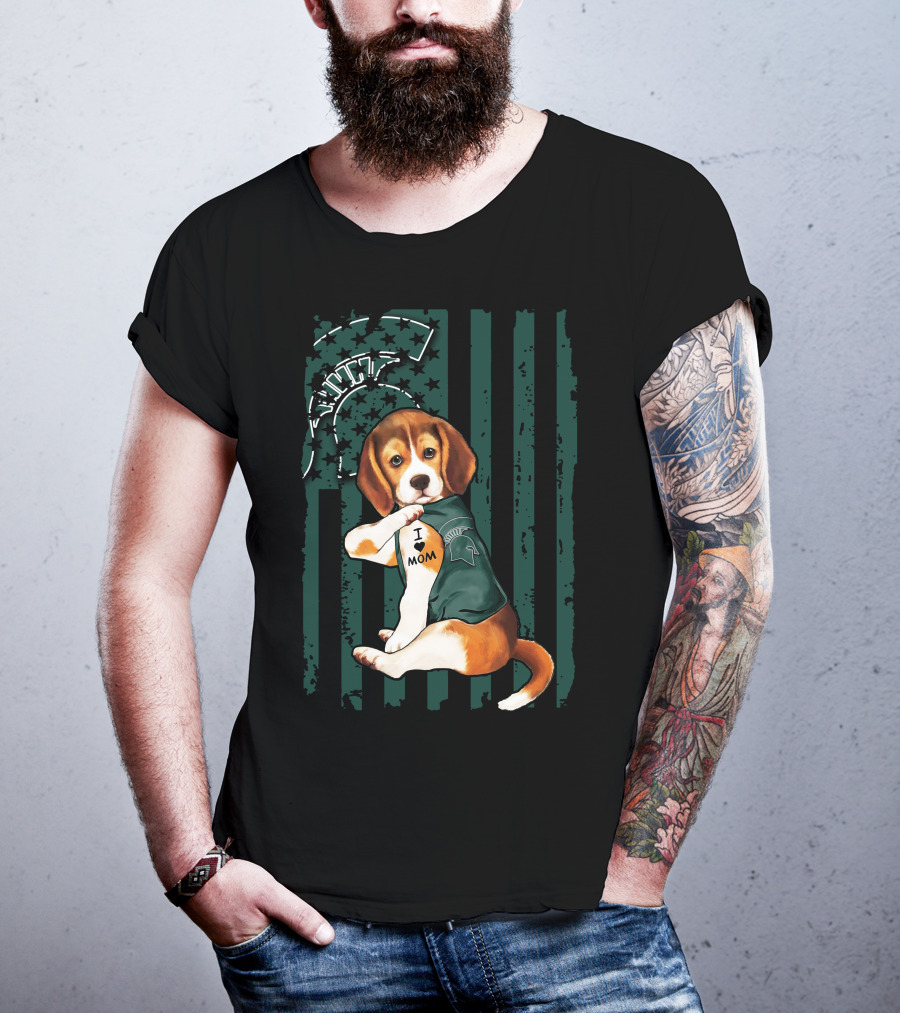 Beagle I Love Mom Michigan State Spartans Fan Support With Mascot And Helmet T-Shirt