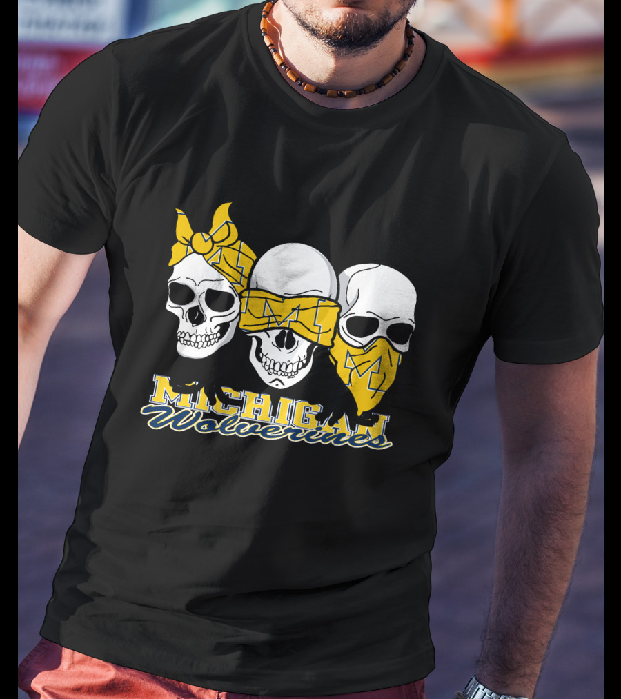 Michigan Wolverines 3 Skulls Bandana T-Shirt
