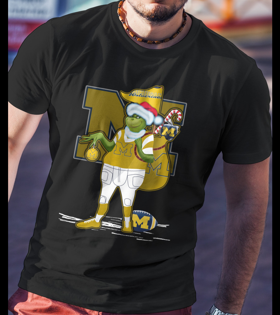 Grinchxmas Michigan Wolverines Santa Hat Football Candy Cane T-Shirt