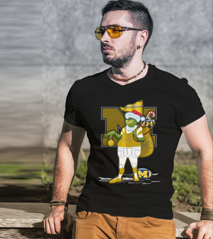 Grinchxmas Michigan Wolverines Santa Hat Football Candy Cane T-Shirt