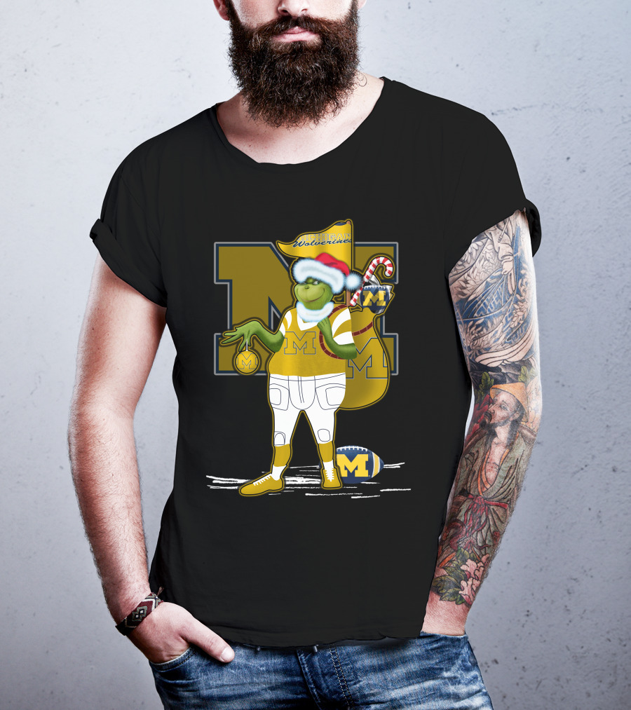 Grinchxmas Michigan Wolverines Santa Hat Football Candy Cane T-Shirt