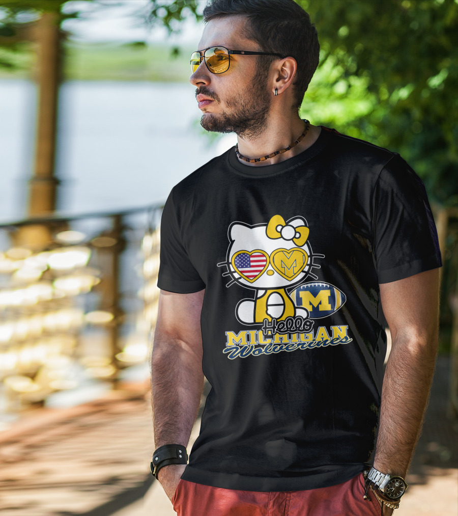 Hello Kitty Michigan Wolverines American Flag Football T-Shirt