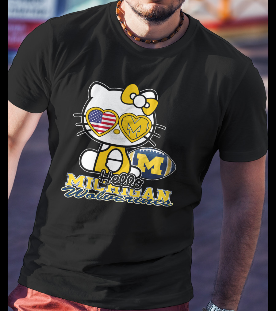 Hello Kitty Michigan Wolverines American Flag Football T-Shirt
