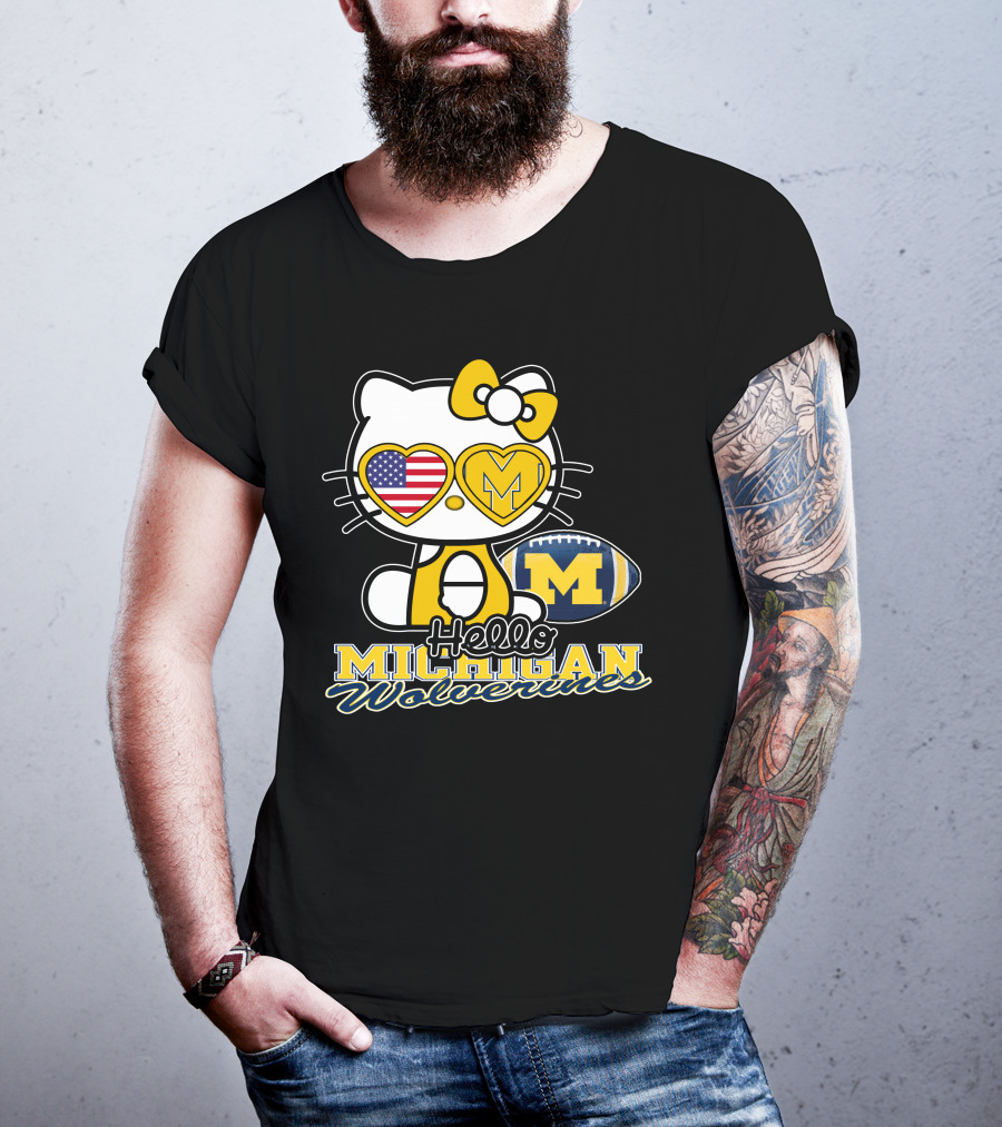 Hello Kitty Michigan Wolverines American Flag Football T-Shirt