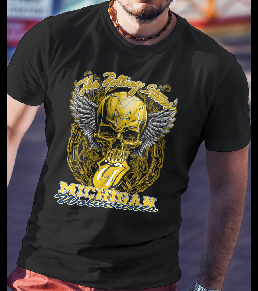 The Rolling Stones Michigan Wolverines Skull With Winged Helmet And Classic Tongue T-Shirt