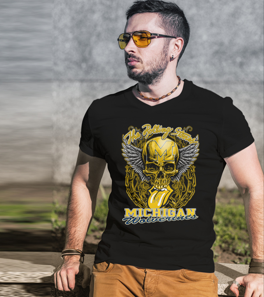 The Rolling Stones Michigan Wolverines Skull With Winged Helmet And Classic Tongue T-Shirt