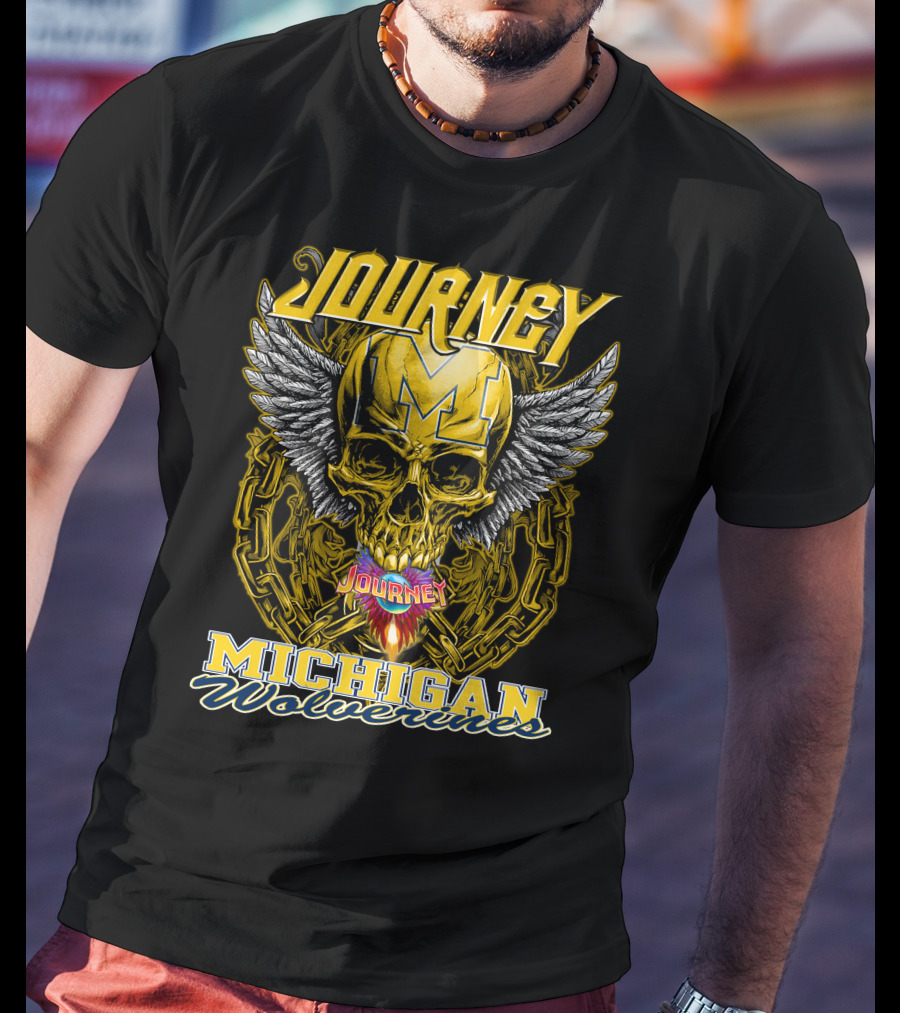 Journey Michigan Wolverines Skull Wings Chain T-Shirt
