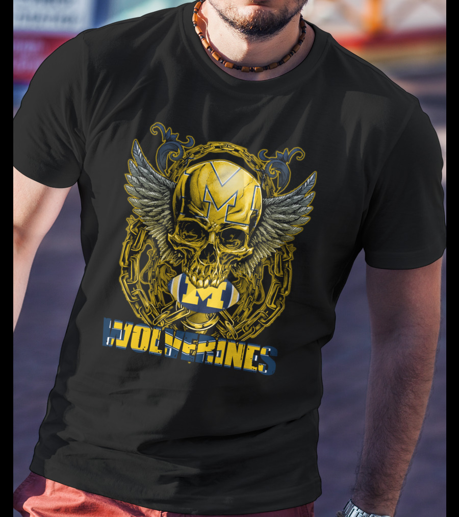 Skullfb Wolverines M Winged Skull And Football Michigan T-Shirt