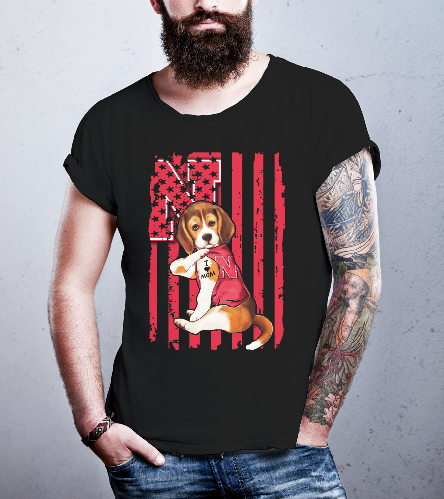 Beagle I Love Mom Nebraska Cornhuskers American Flag Stars And Stripes Football T-Shirt