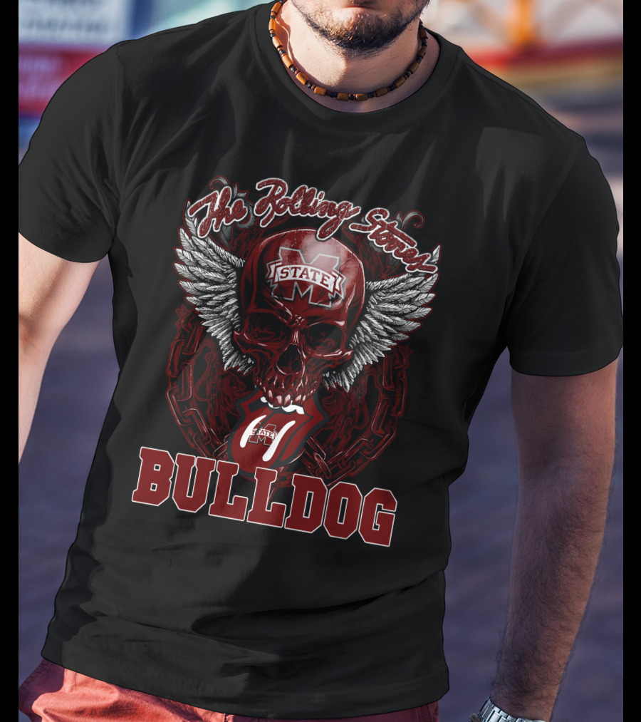 The Rolling Stones Mississippi State Bulldog Skull Logo With Wings And Chain T-Shirt