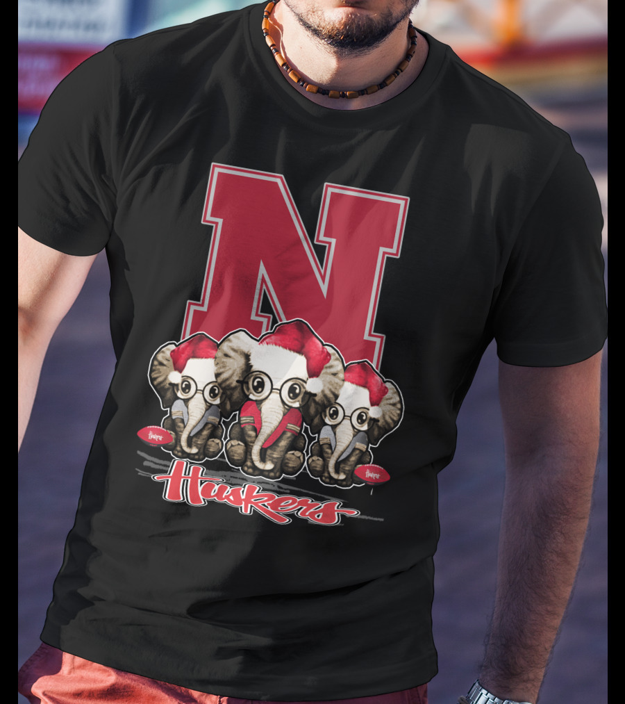 Elephan Xmas Nebraska Huskers Santa Hat Trio T-Shirt