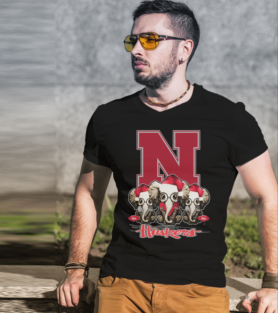 Elephan Xmas Nebraska Huskers Santa Hat Trio T-Shirt