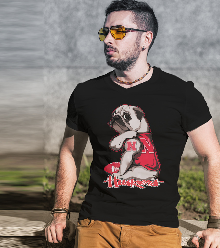 Pug Wearing Nebraska Cornhuskers Shirt And Football Huskers T-Shirt