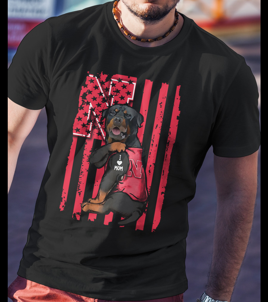 Rottweiler I Love Mom Nebraska Cornhuskers N Flag Stripes T-Shirt