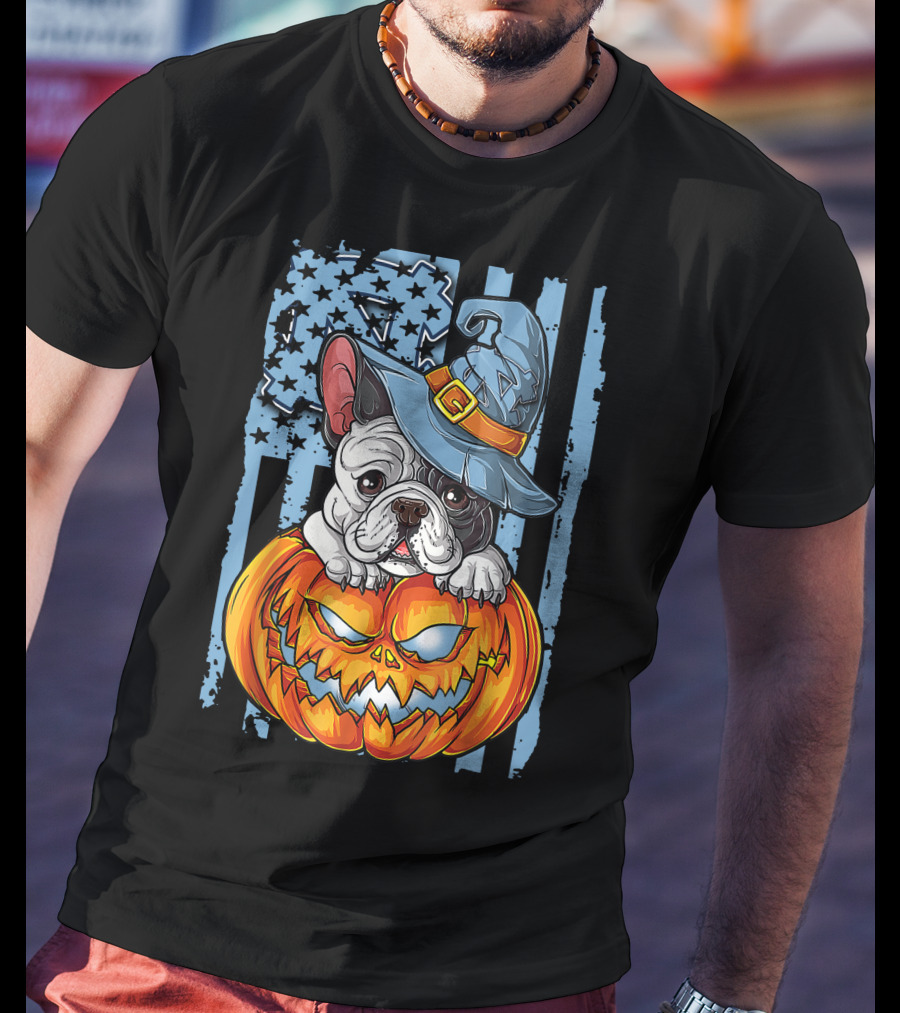 Bulldog With Witch Hat On Jack-o'-Lantern North Carolina Tar Heels Halloween T-Shirt