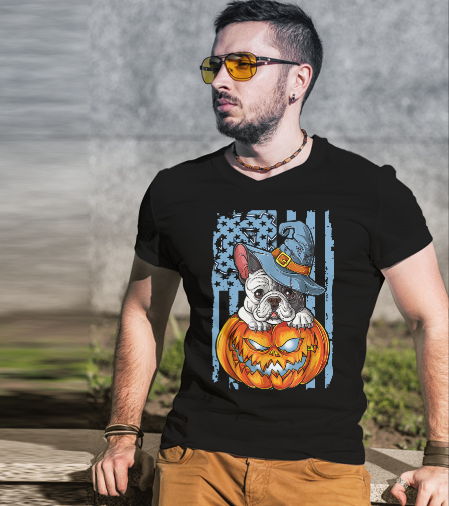 Bulldog With Witch Hat On Jack-o'-Lantern North Carolina Tar Heels Halloween T-Shirt