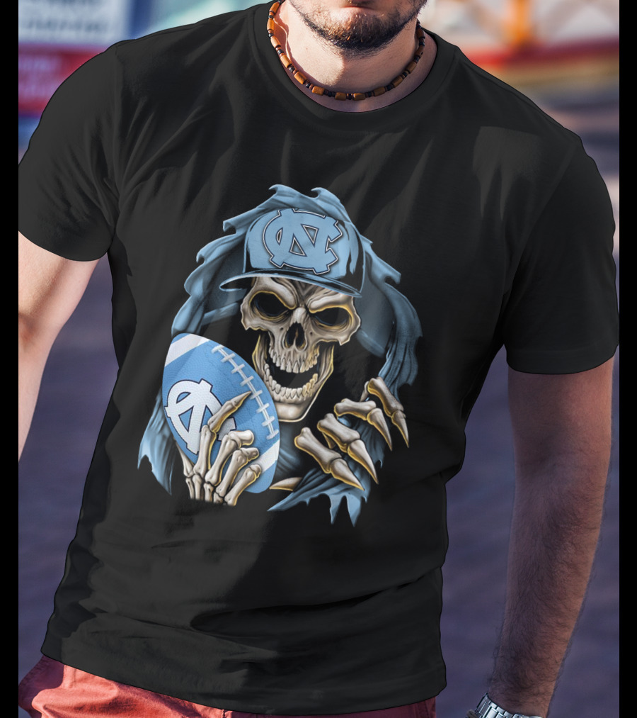 Skullbong North Carolina Tar Heels Skeleton Football Fan With Cap And Ball T-Shirt