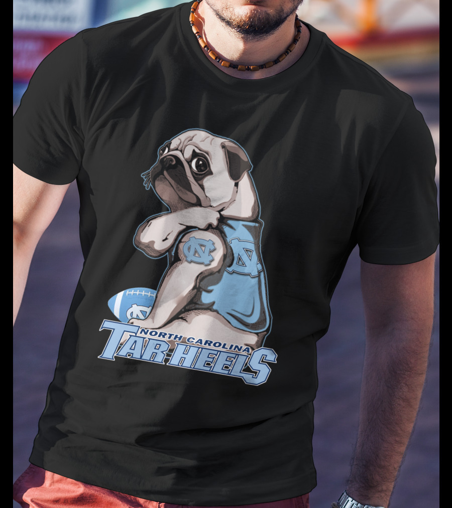 Pug Wearing North Carolina Tar Heels Sports Jersey With Football T-Shirt