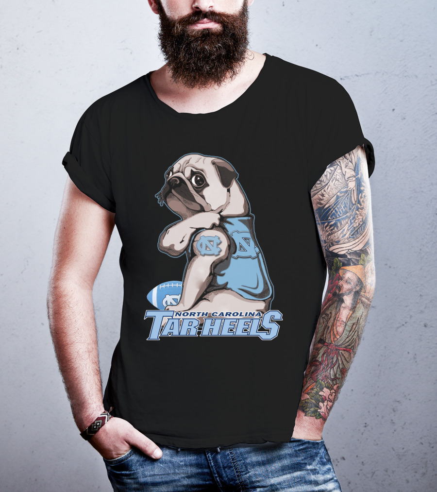 Pug Wearing North Carolina Tar Heels Sports Jersey With Football T-Shirt