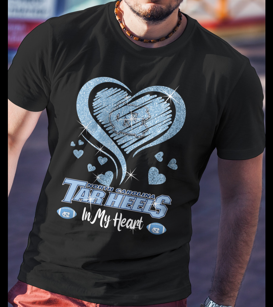 North Carolina Tar Heels In My Heart Sparkling Logo And Footballs T-Shirt