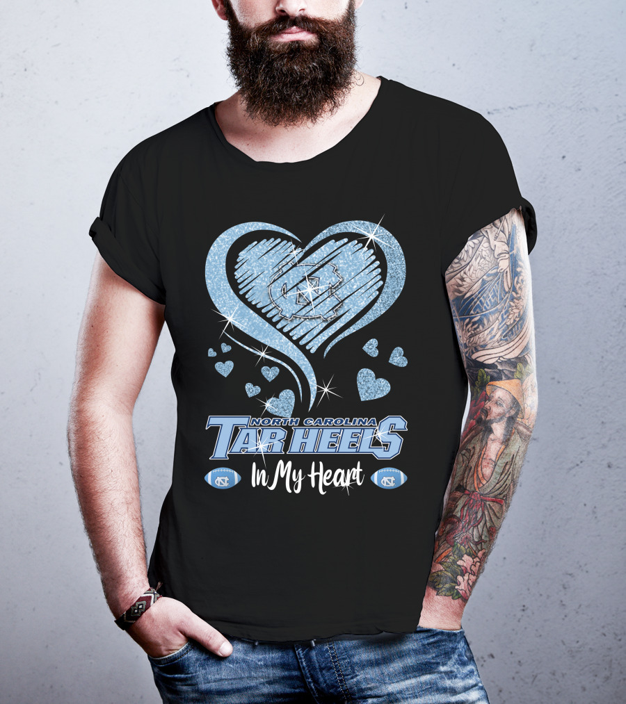 North Carolina Tar Heels In My Heart Sparkling Logo And Footballs T-Shirt
