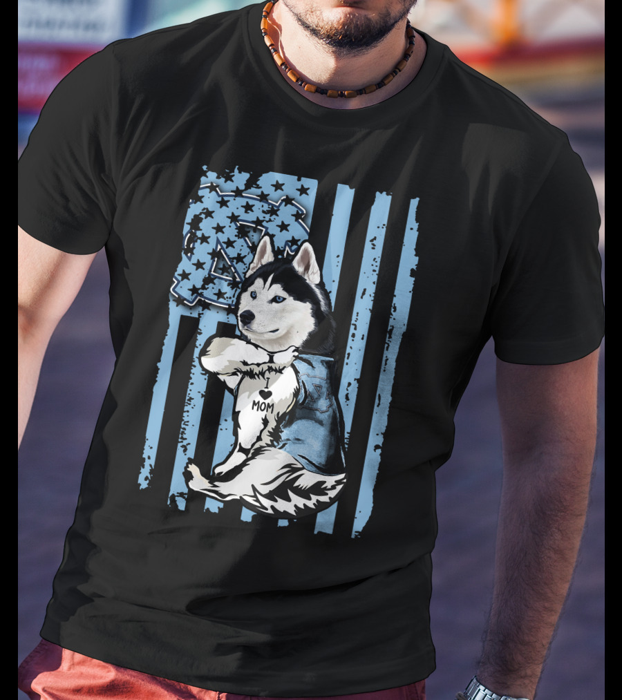 Siberian Husky UNC Tar Heels Mom Stripes T-Shirt