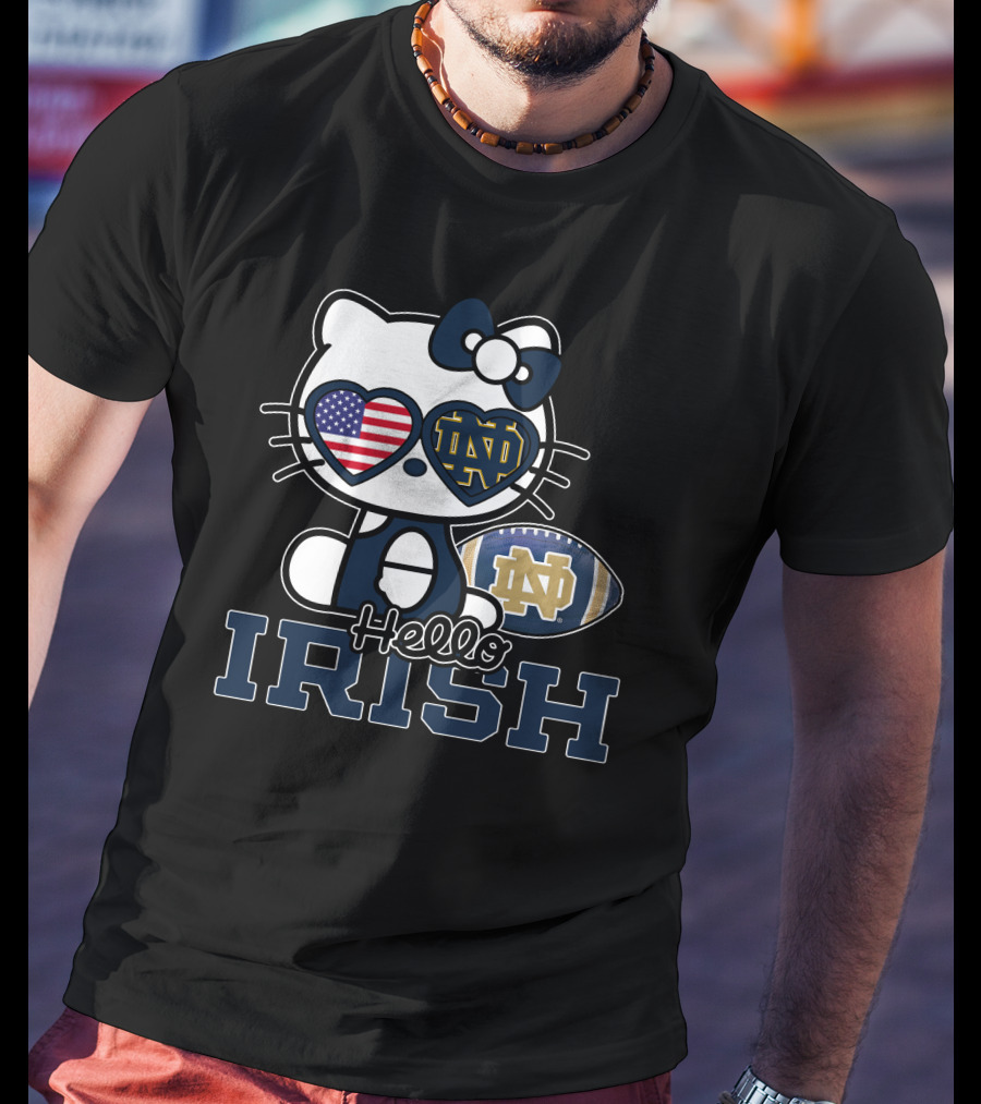 Hello Kitty Notre Dame Fighting Irish Football USA Flag T-Shirt