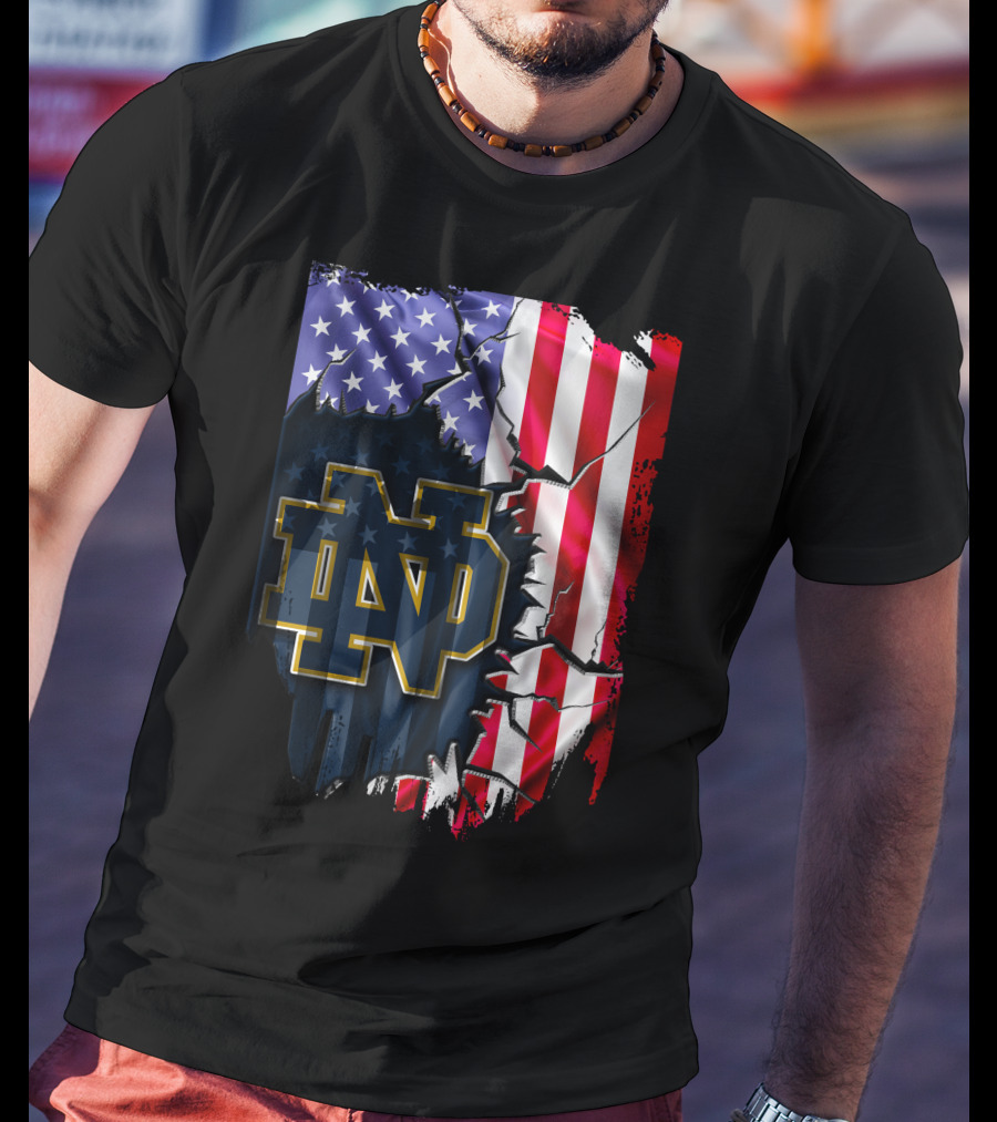 American Flag With Notre Dame ND Monogram Fighting Irish T-Shirt
