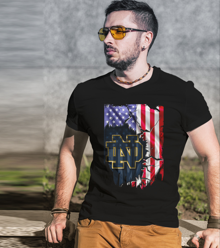 American Flag With Notre Dame ND Monogram Fighting Irish T-Shirt
