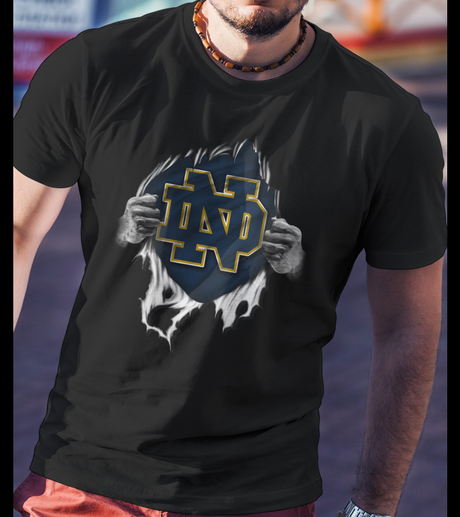 Torn Notre Dame Fighting Irish ND Logo Peeking Through Ripped Fabric With Hands T-Shirt