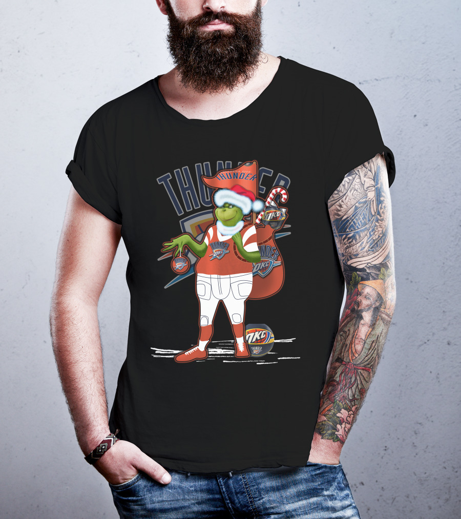 Grinchxmas Oklahoma City Thunder Holiday Basketball Character With Candy Cane And Santa Hat T-Shirt