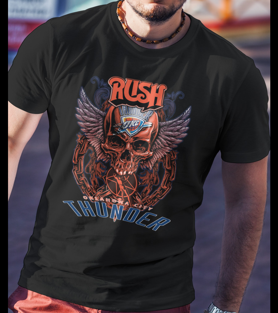Rush Oklahoma City Thunder OKC Basketball Skull Wings Chain T-Shirt
