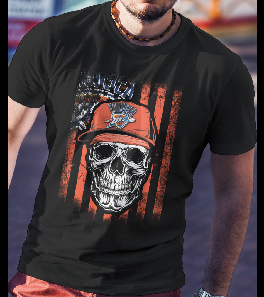 Skull Wearing Oklahoma City Thunder Cap With OKC Logo On T-Shirt