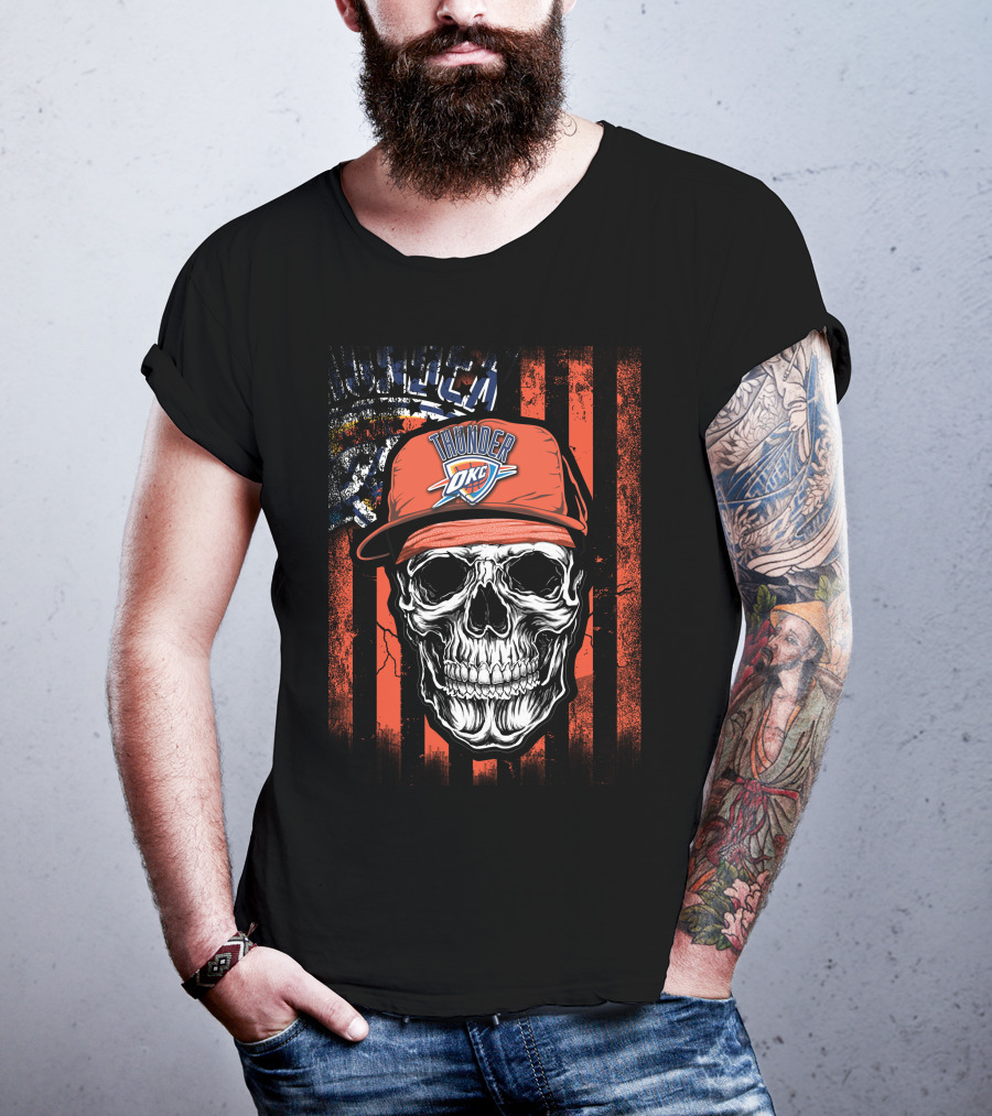 Skull Wearing Oklahoma City Thunder Cap With OKC Logo On T-Shirt