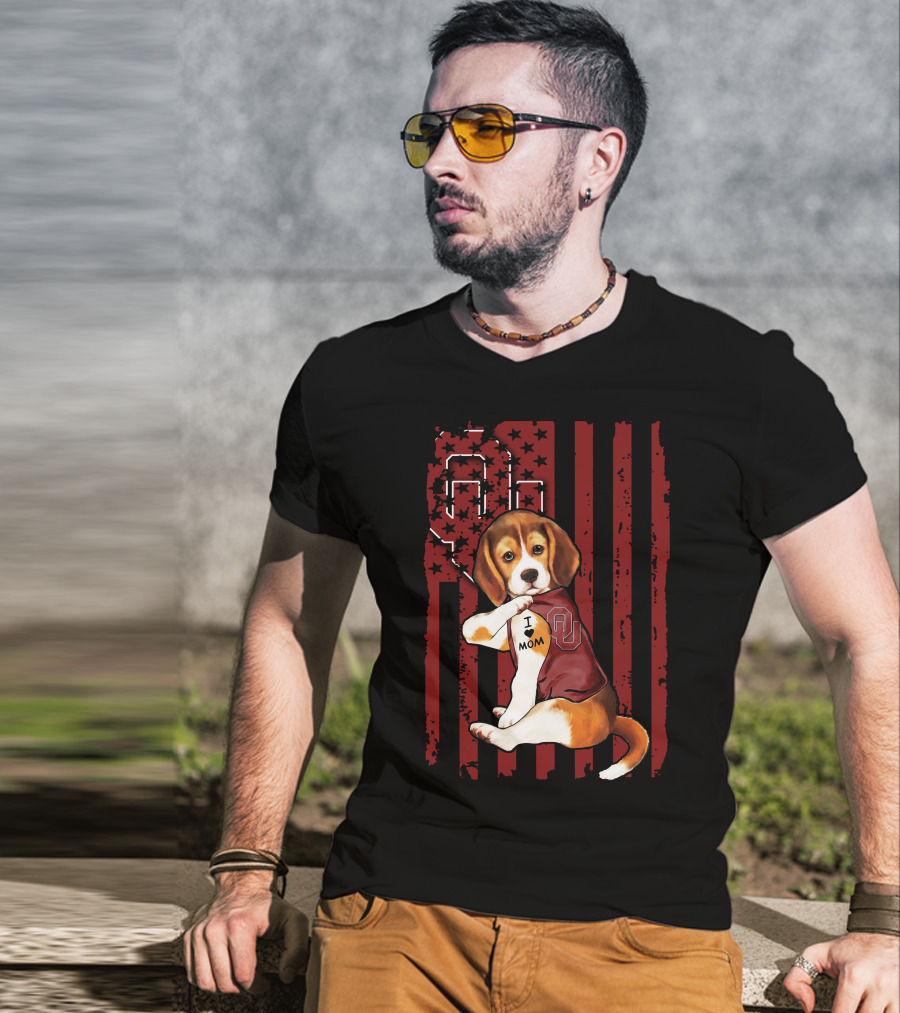 Beagle Puppy I Love Mom Oklahoma Sooners OU Red Stripes Stars T-Shirt