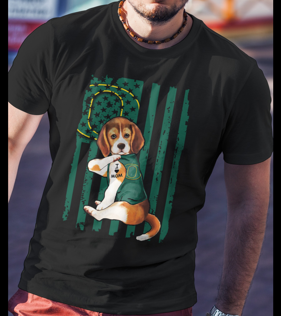 Beagle I Love Mom Oregon Ducks American Flag T-Shirt