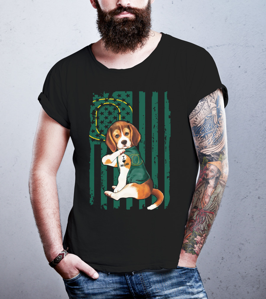 Beagle I Love Mom Oregon Ducks American Flag T-Shirt