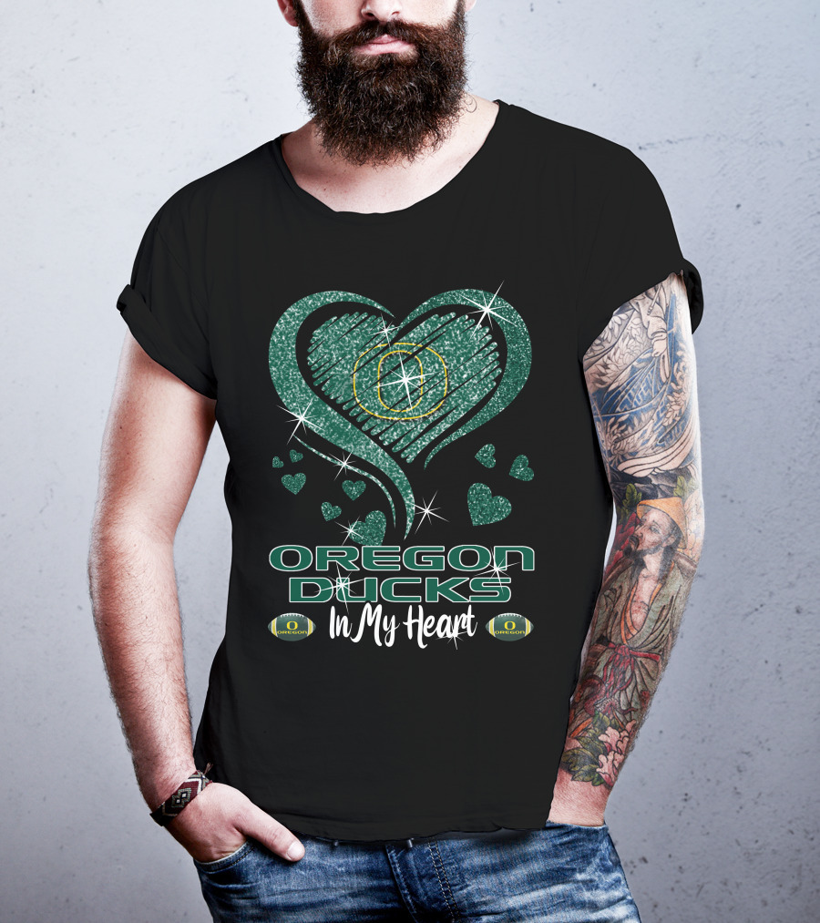 Oregon Ducks In My Heart Sparkling Green Hearts And Footballs T-Shirt