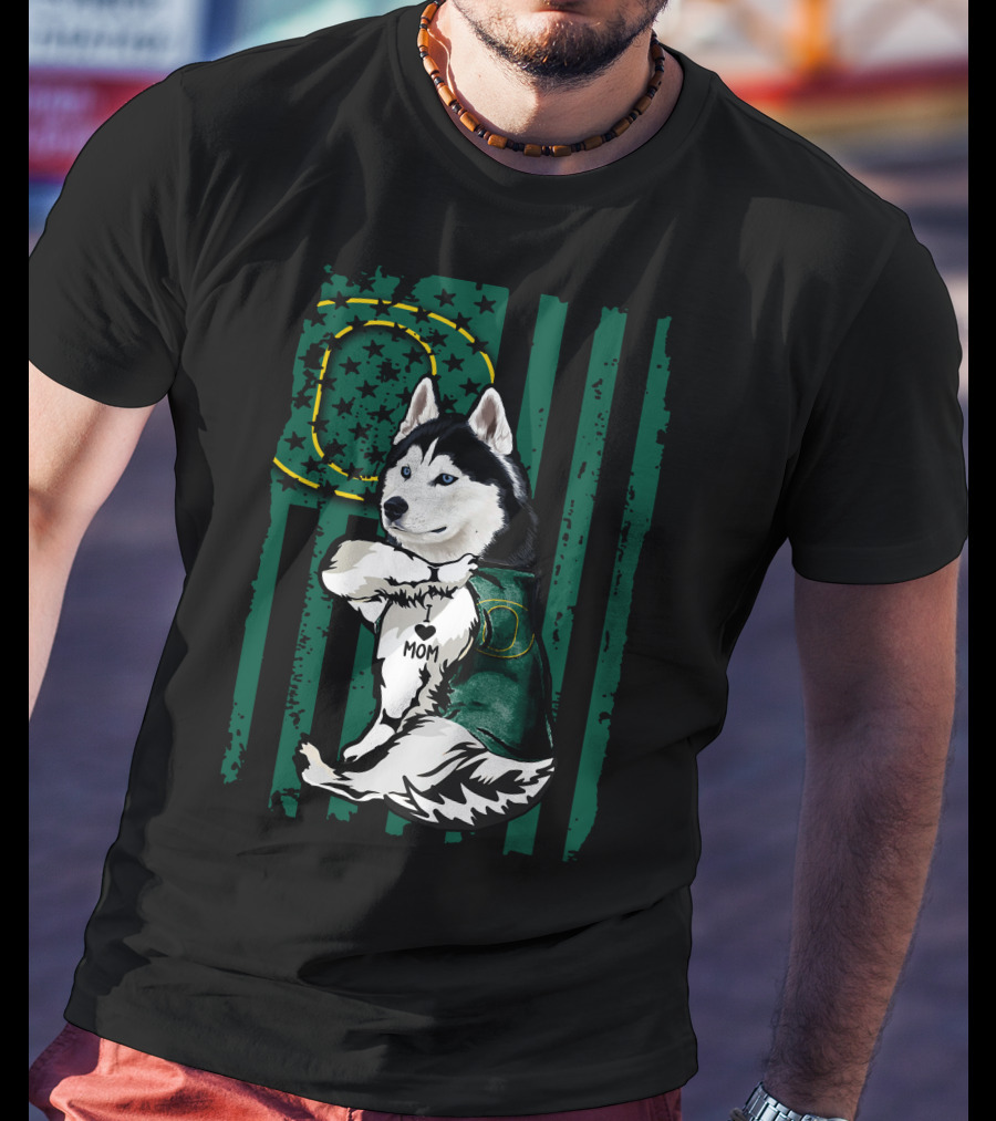 Siberian Husky Oregon Ducks I Love Mom Flag And Stars T-Shirt