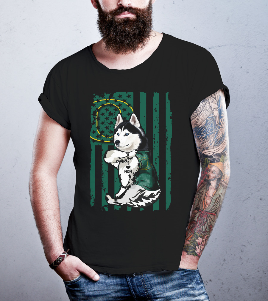 Siberian Husky Oregon Ducks I Love Mom Flag And Stars T-Shirt