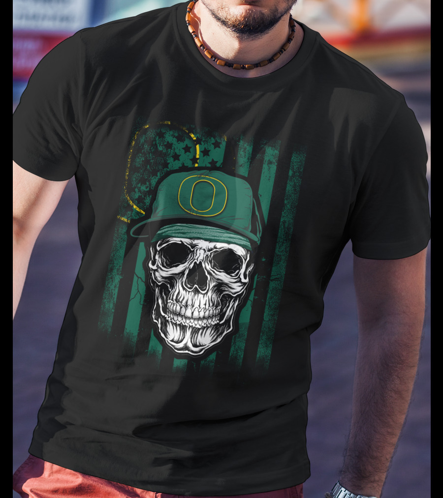 Skull With Oregon Ducks Cap On Green T-Shirt