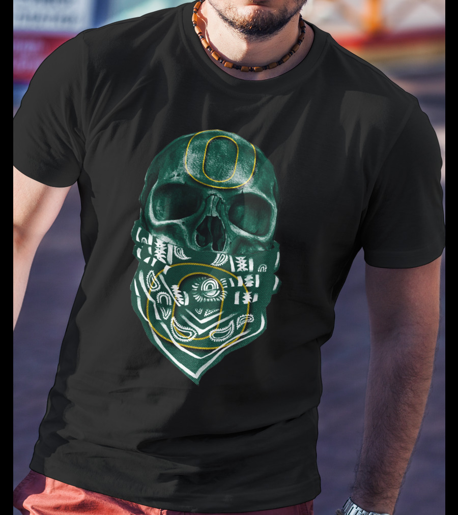 Skull With Oregon Ducks O Logo Bandana T-Shirt