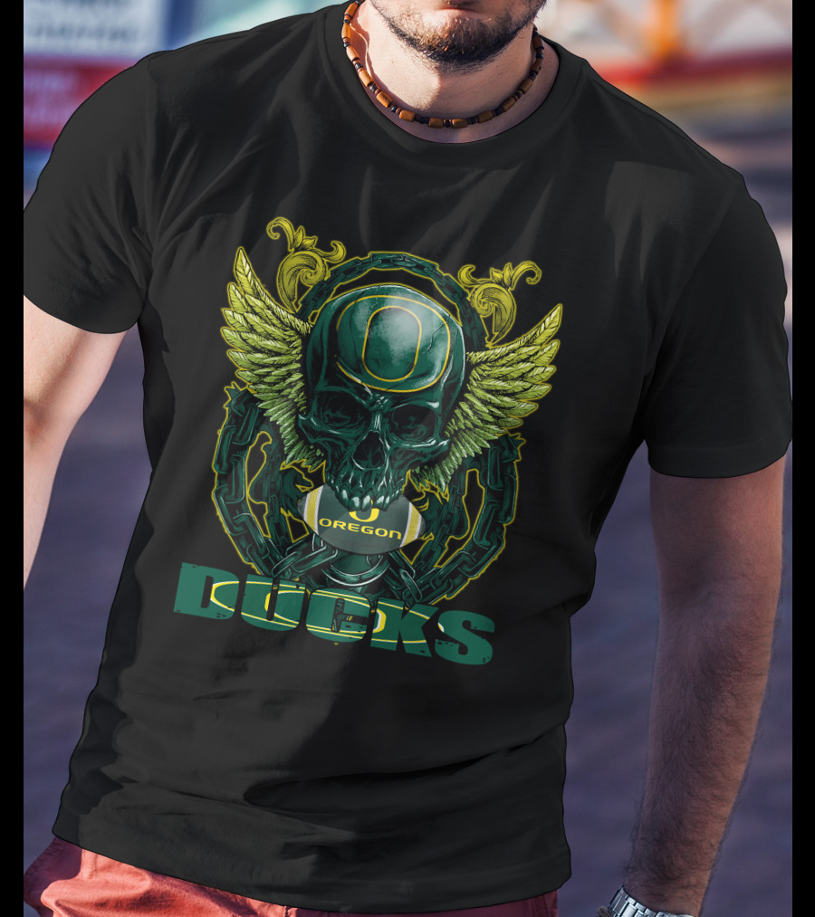SkullFB Oregon Ducks Football Skull Design With Wings And Chains T-Shirt