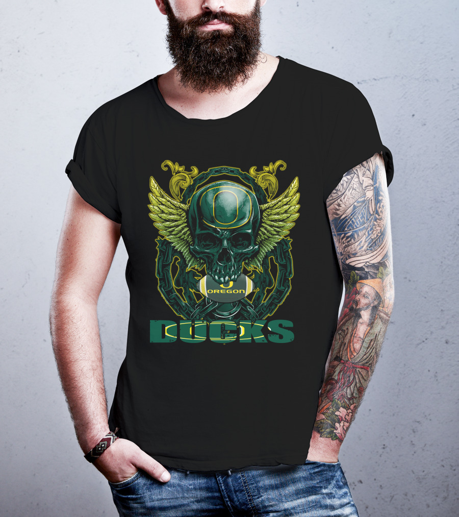 SkullFB Oregon Ducks Football Skull Design With Wings And Chains T-Shirt