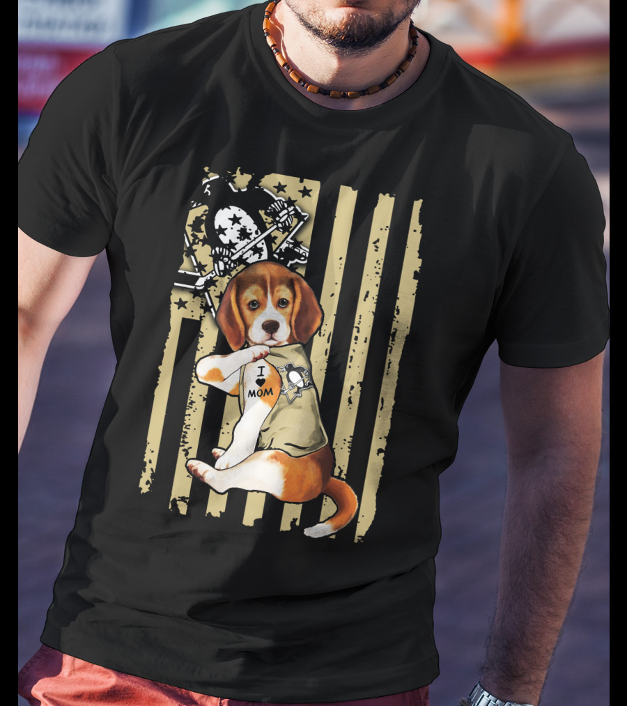Beagle I Love Mom Pittsburgh Penguins American Flag T-Shirt