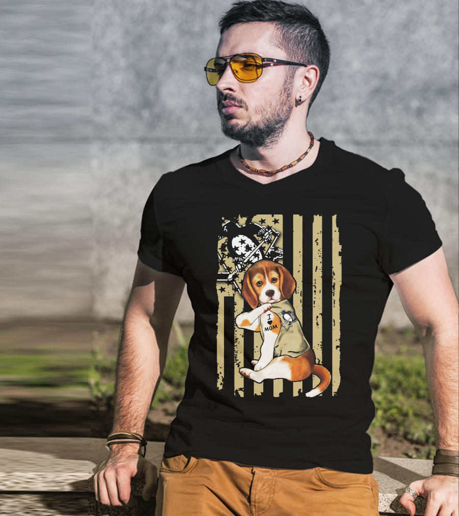 Beagle I Love Mom Pittsburgh Penguins American Flag T-Shirt